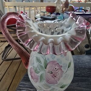 Fenton Pink and White Ruffled Glass Pitcher